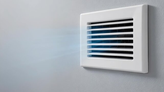 A white ventilation grate on a gray wall with cool blue air flowing out, symbolizing fresh air and ventilation.