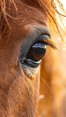 Close-up of a brown equine eye, reflecting surrounding light, flakes