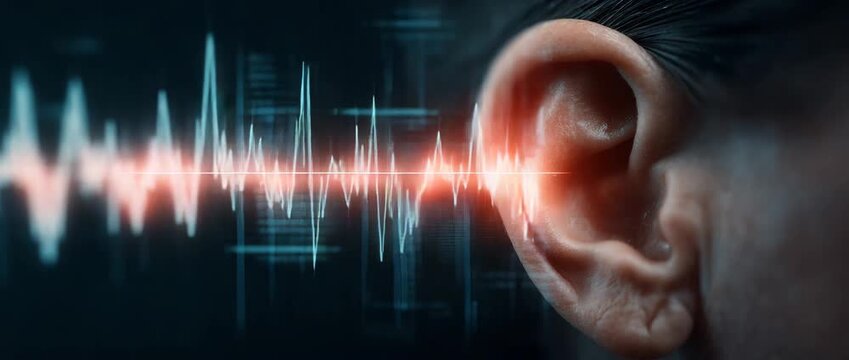 A close-up of a human ear combined with digital sound wave graphics, representing hearing, audio analysis, and modern sound technology. 