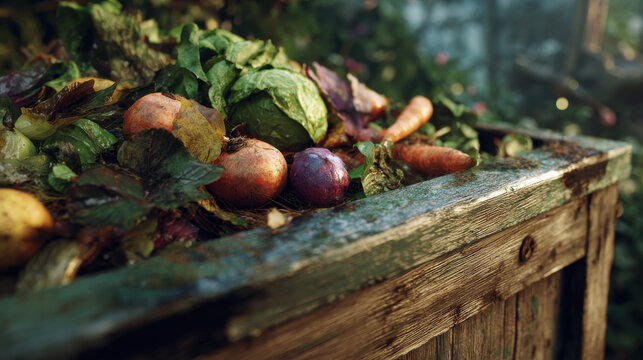 Compost Bin Filled with Fresh Vegetable Scraps and Autumn Leaves in Eco Friendly Lifestyle Setting