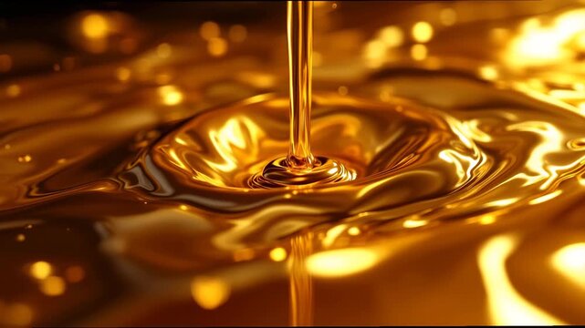 Golden liquid pouring into a rich, reflective pool, creating dynamic ripples for a luxury, wealth, and energy concept with vibrant texture