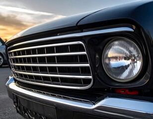 Fototapeta premium Close-up of a classic, shiny black car's front grille and headlight