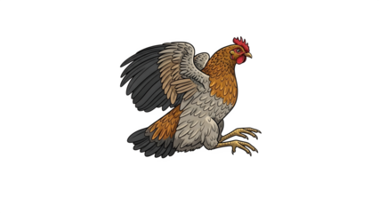 Beautifully illustrated rooster or chicken in mid-flight with detailed plumage and vibrant colors against a clean white background for graphic design.