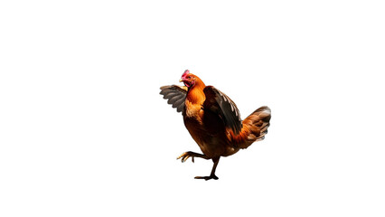 Brown chicken standing on one leg with wings spread wide ready to take flight or peck at something on a white background.