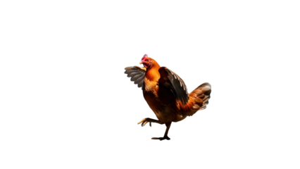 Brown chicken standing on one leg with wings spread wide ready to take flight or peck at something on a white background.