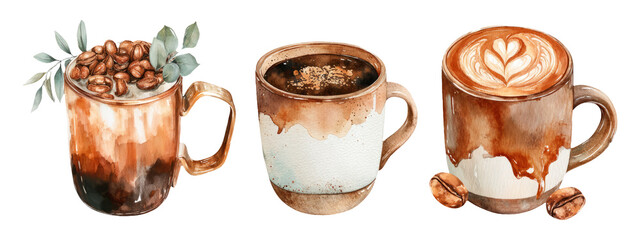 Rustic Coffeehouse Aesthetic Watercolor Mugs with Coffee Beans and Decorative Foam