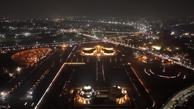Aerial night view of Ambedkar Memorial Park in Lucknow, Uttar Pradesh, India