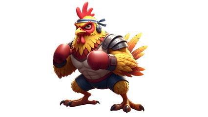 Fototapeta premium Cartoon chicken wearing boxing gloves and armor standing in a fighting pose ready for a humorous animated battle or playful fight scene.
