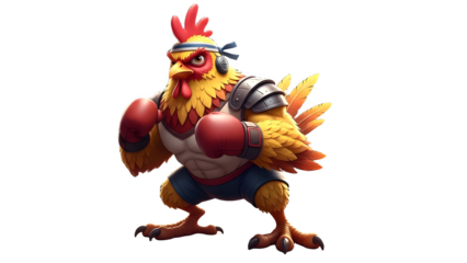 Cartoon chicken wearing boxing gloves and armor standing in a fighting pose ready for a humorous animated battle or playful fight scene.