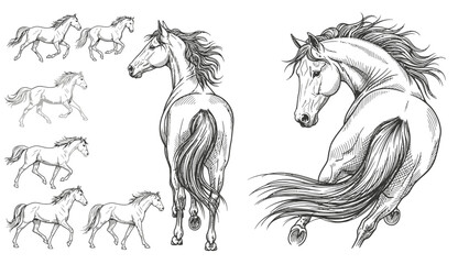A detailed sketch of horses in various poses, showcasing their musculature and flowing manes, with a focus on movement and form. © tr
