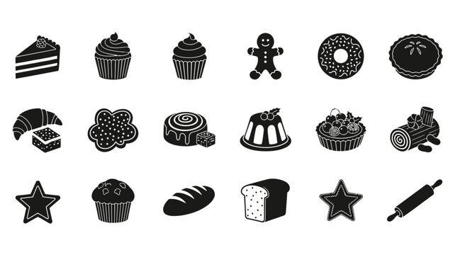 A collection of black and white icons representing various baked goods and baking tools, including cakes, pastries, bread, cookies, and kitchen utensils.