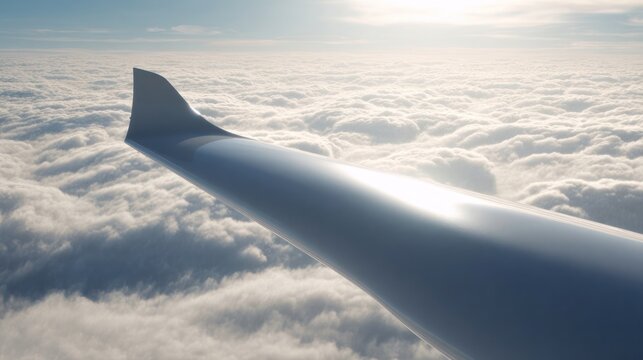 View from a cockpit of a monoplane wing extending over a sea of clouds. mobility guides, transit brochures, designed for transport & logistics marketing, supports logistics messaging.