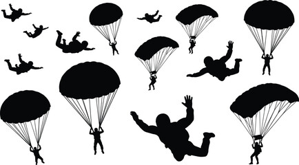 Skydiving and parachuting silhouette set, extreme sport freefall action, paratrooper jump poses, adventure aviation concept, black vector illustration isolated on white background © Arifa
