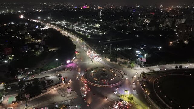 Aerial night view of 1090 Chauraha near Dr. Ambedkar Park in Lucknow, India
