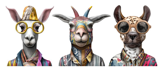 Obraz premium Colorful Anthropomorphic Andean Animals in Traditional Attire with Unique Glasses