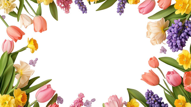 Colorful Floral Frame with Tulips, Daffodils, and Hyacinths on a Black Background