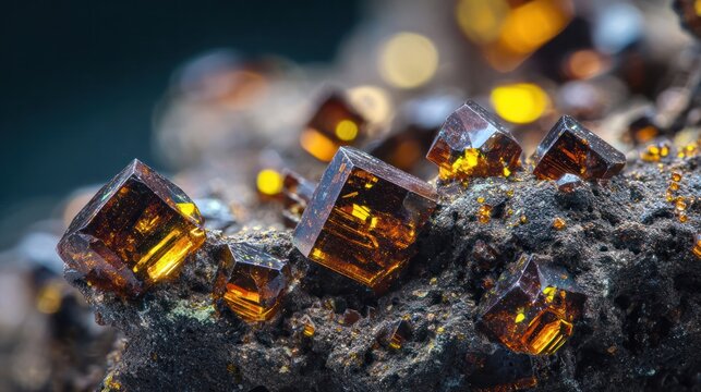 Brown and gold mineral specimen with sparkling crystal textures on dark stone surface. science education visuals, lab safety materials.