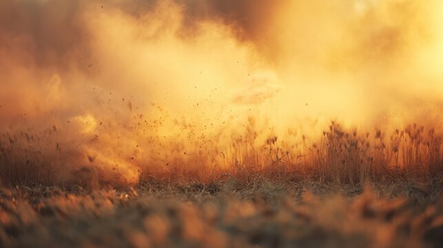 Golden wheat grains flying from sheaves during threshing. safety posters, maintenance manuals, designed for industrial assembly lines and welding operations, supports safety.