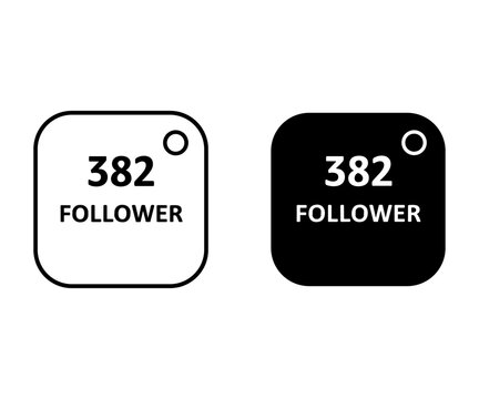 Two rounded badges showing 382 followers in white and black backgrounds with a small circle in the corner