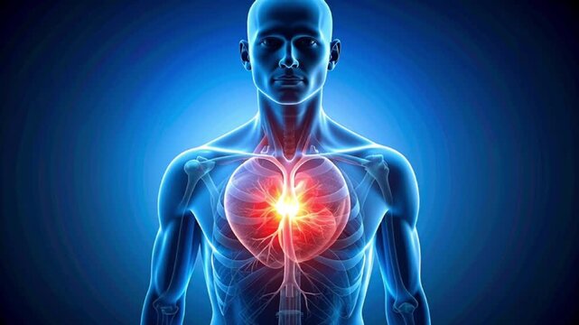 A muscular man shows a glowing heart in his chest with a blue body and a dark background.