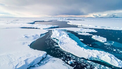 Aerial view of melting sea ice with mountains and a cloudy sky