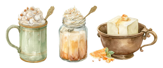 Handcrafted Dairy Scene with Creamy Desserts and Industrial Craft Elements