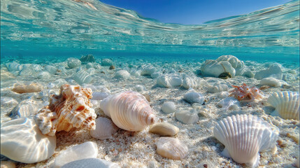 Bright Sunny Underwater Scene of Crystal Clear Sea with Fish and Seashells