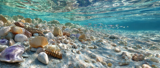 Bright Sunny Underwater Scene of Crystal Clear Sea with Fish and Seashells