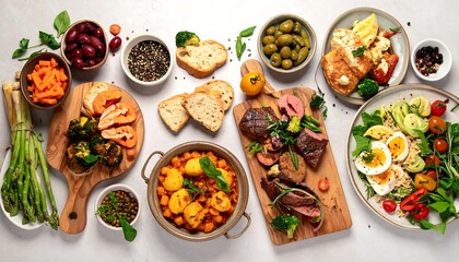 Array of diverse, colorful dishes with vegetables, proteins, and carbs arranged artistically on a white surface