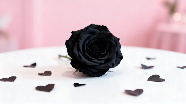 Elegant black rose with scattered heart confetti on a pristine white table - Powered by Adobe