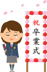 桜舞う制服の卒業式のイメージイラスト（泣いている女子）