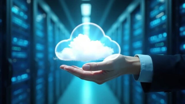 Hand holding a glowing cloud icon in a futuristic data center. Business professional presenting a digital storage solution in a server room. Cloud computing and network technology concept