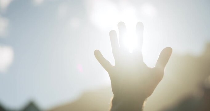 Sunshine, hands and shade with person outdoor for vision protection, light flare and travel holiday. Summer vacation, uv ray and blue sky with man or tourist in nature for shadow, safety and shield