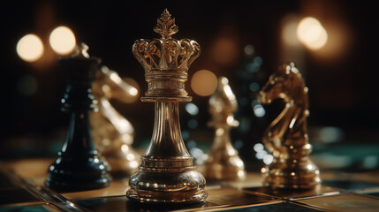 Chess Strategy Unveiled: A strategic display of chess pieces, including the King and Knight, captures the essence of a strategic game with a touch of elegance, on a wooden chessboard. 