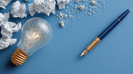 Illumination and Creation: An eye-level view, a glowing light bulb juxtaposed with a classic pen and crumpled paper balls, highlighting the sparks of creation and the artistic process.