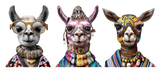 Obraz premium Unique Anthropomorphic Alpacas in Stylish Attire with Accessories and Personality