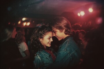 Capturing the Magic of Youthful Romance: A Heartwarming Dance Under the Neon Lights of a Vibrant Party Atmosphere