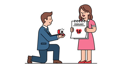 The Proposal: A heartwarming illustration captures the magic of a proposal, a man kneeling and offering a ring to his beloved while she displays a calendar marking the special day.