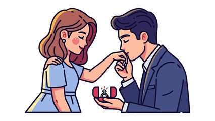 Romantic Proposal Illustration: A tender illustration depicts a man on bended knee, presenting a ring to the woman he loves, embodying the essence of a romantic proposal.