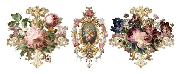 Elegant Floral Ornament Trio Featuring Symbolic Harvest Elements in Vintage Style