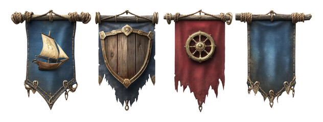 Detailed Maritime Emblems Depicting Artful Yacht, Shield, Wheel, and Sail Elements