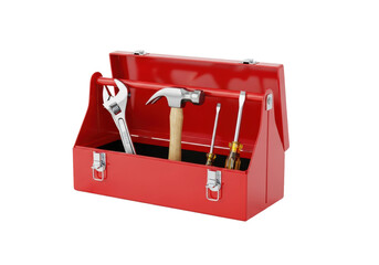 ultra-detailed, photorealistic cgi render of a glossy red toolbox with hickory handle, open, showing organized hand tools on reflective white marble. concept of professional reliability