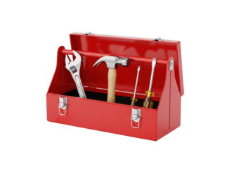 ultra-detailed, photorealistic cgi render of a glossy red toolbox with hickory handle, open, showing organized hand tools on reflective white marble. concept of professional reliability