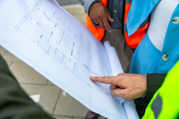 Construction team reviewing blueprint and architectural plans
