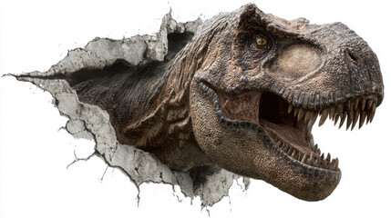 Tyrannosaurus Rex Breaking Through Wall Isolated on White Background 
