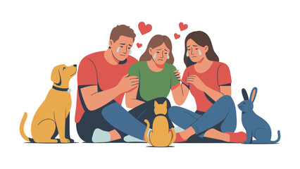 Family Grieving a Pet: A family embraces in sorrow, surrounded by their beloved pets, a poignant illustration conveying the profound impact of pet loss.