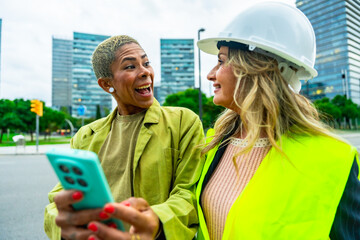 Architects and engineers collaborating in city discussing construction project