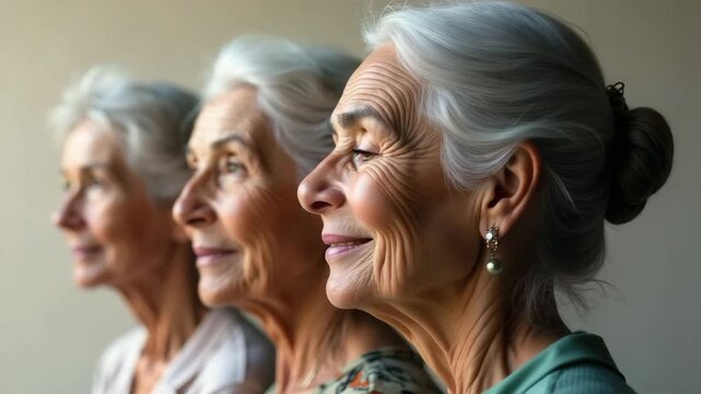 Close-up profile of three senior women with grey hair in a row. The concept of graceful aging, wisdom, and longevity. Generations and the passage of time