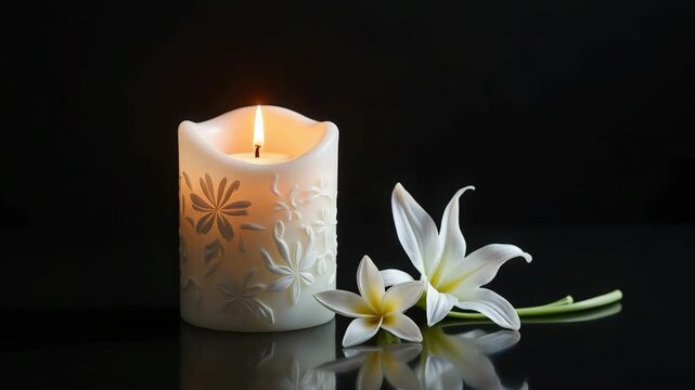 A lit memorial candle with white lily and frangipani flowers. Burning candle for a funeral or remembrance on a black background. Sympathy and condolence concept