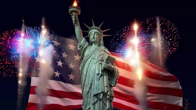 Celebration at night with fireworks and the Statue of Liberty in front of the American flag